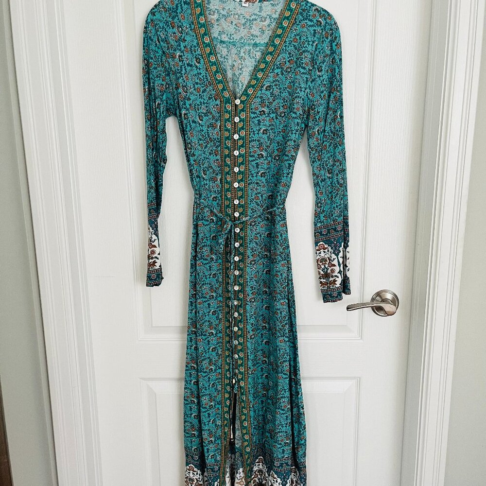 Shein Long Sleeve Floral Cotton V Neck Dress with Flare Sleeve, Belt and Buttons